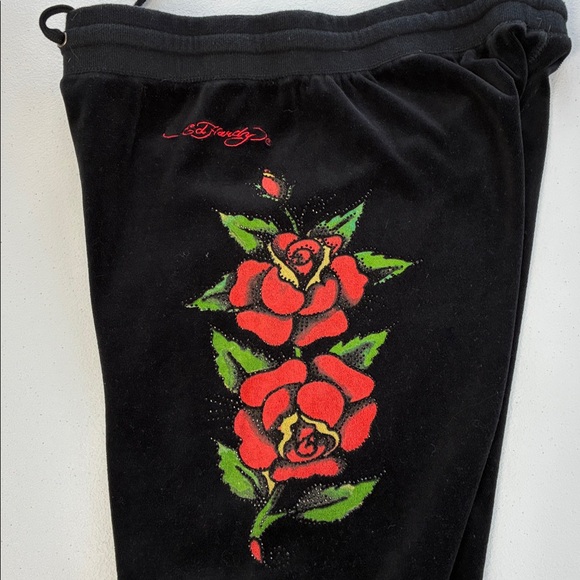 Ed Hardy Velour Sweatpants Black/Red Floral Roses Flare Leg Y2K XL